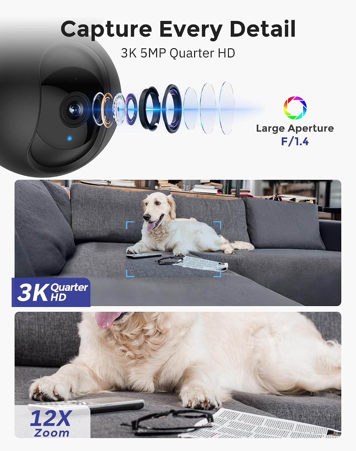 Hugolog Cámara de Seguridad Interior Pan\/Tilt 3K 5MP con Enfoque A...