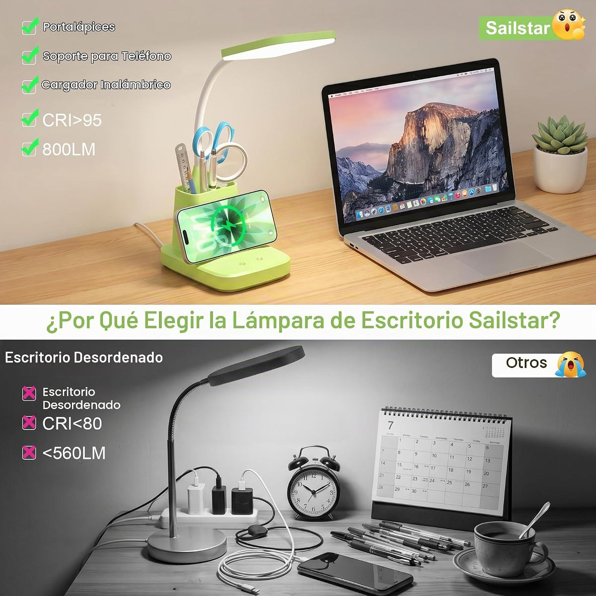 Sailstar Lámpara de escritorio LED con carga inalámbrica de 10 W y...