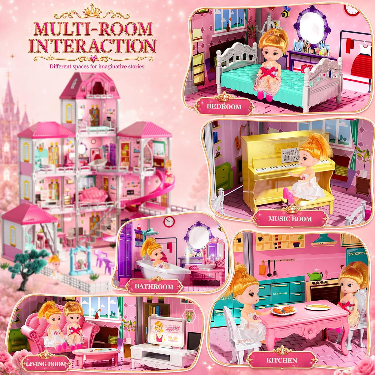 Casa de 4 pisos para niñas de 3 a 7 años, juego de villa con 2 muñe...