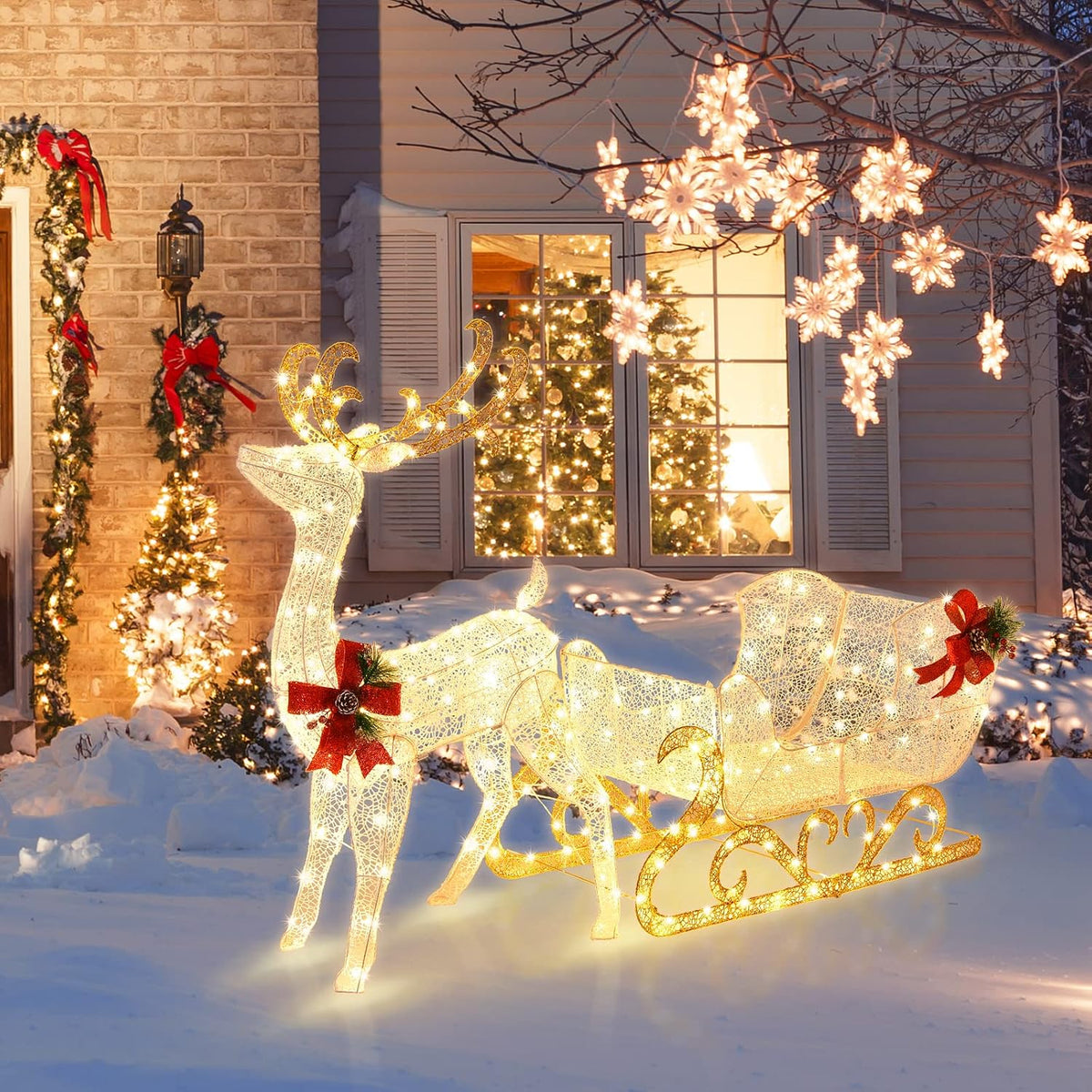 Tangkula Reno y trineo de Papá Noel iluminado de 6 pies para Navida...