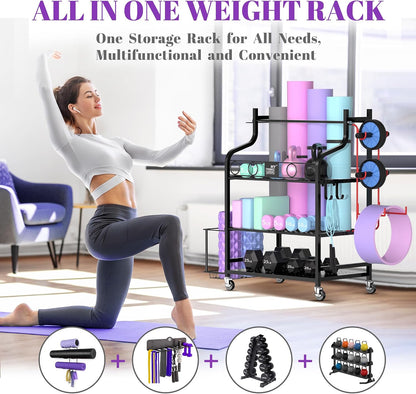 Mythinglogic Estante de gimnasio en casa para mancuernas, esterilla...