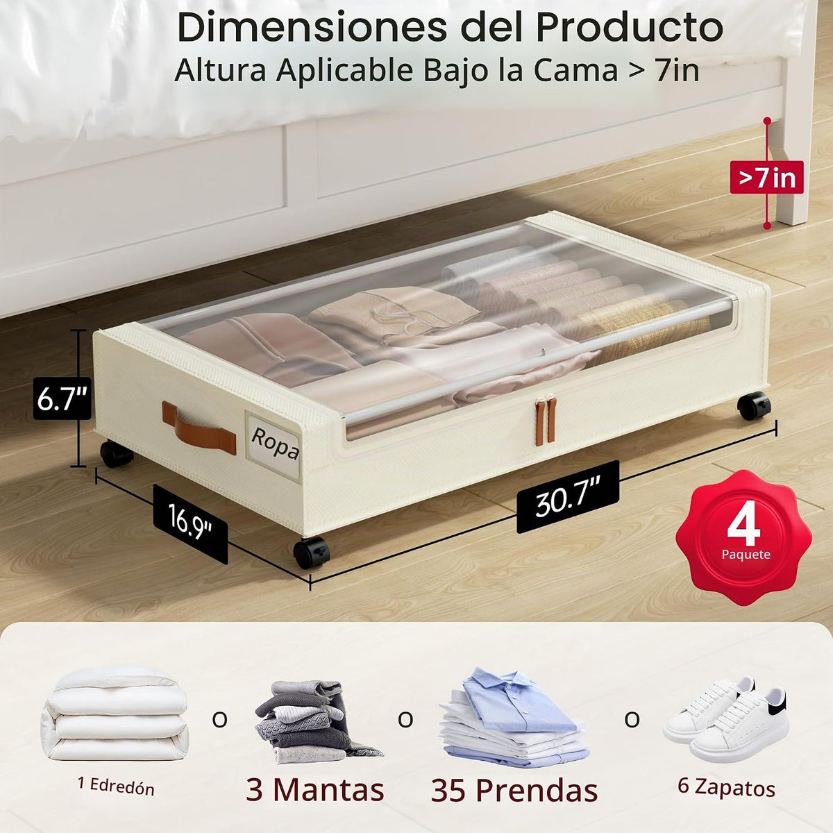 Yecaye Paquete de 4 contenedores de almacenamiento debajo de la cam...
