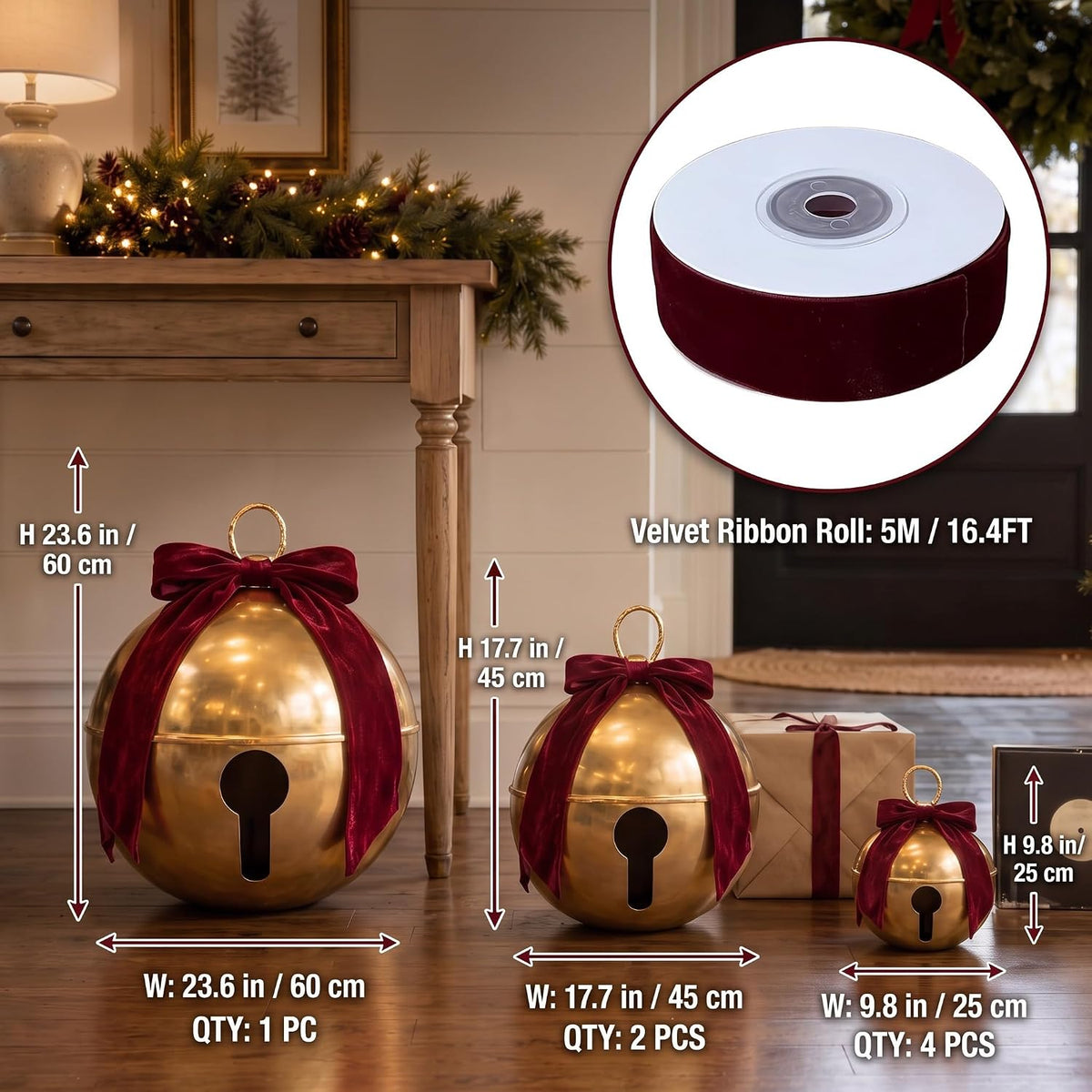7 bolas inflables de Navidad con lazos de terciopelo, cascabeles gi...