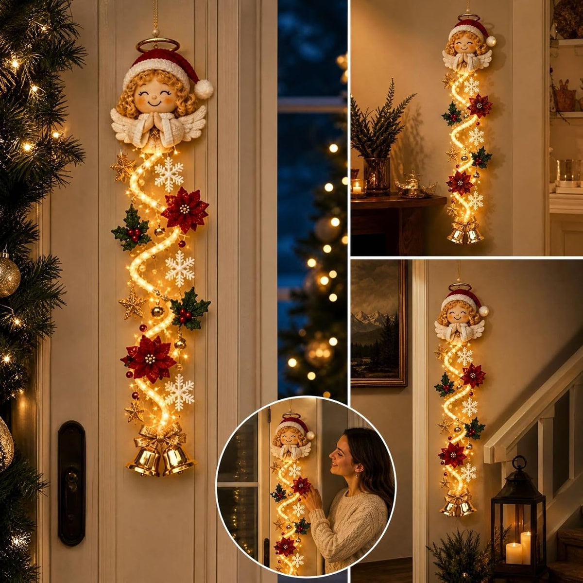 Colgante de puerta de Navidad con muñeco de nieve iluminado, cálido...