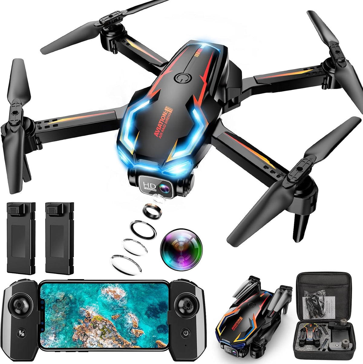 Dron con cámara para adultos, 2K HD FPV Drones con retención de alt...
