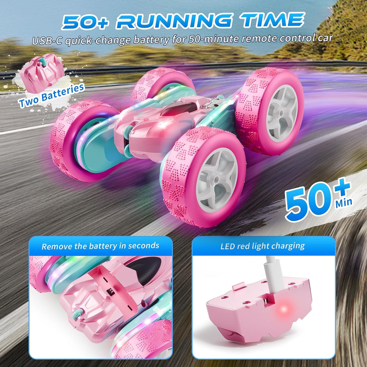 Zalneo Coche RC color rosa 4WD, control remoto, barra de luz LED de...