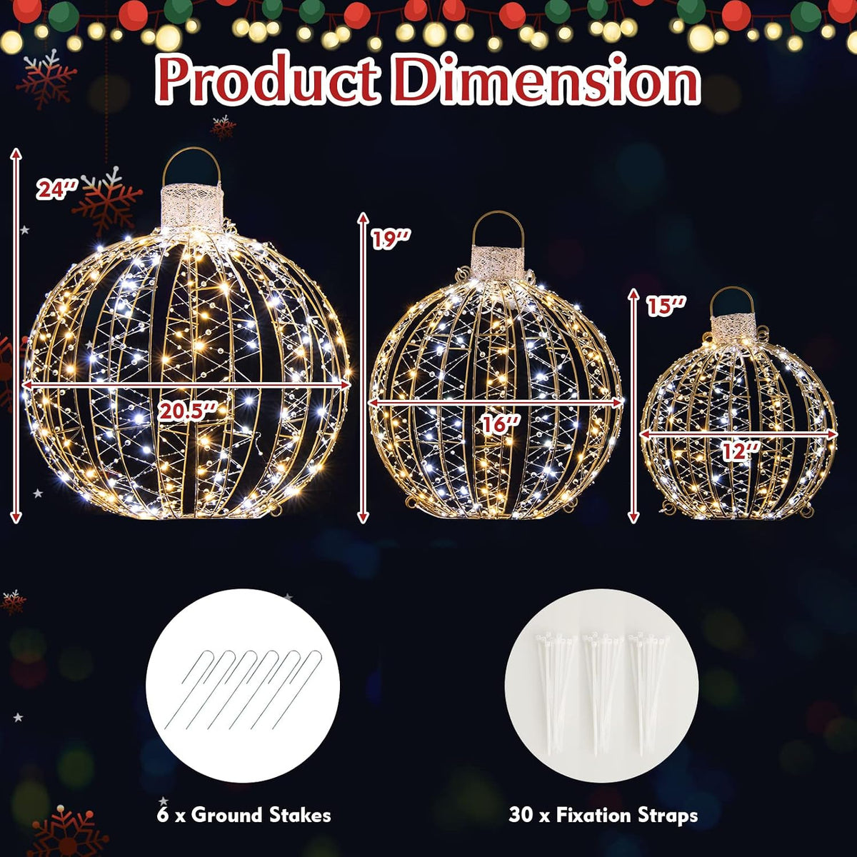 Tangkula - Paquete de 3 bolas de Navidad con luz LED, adornos de me...