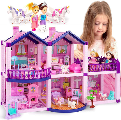 Casa de muñecas con 2 princesas, 4 unicornios, perro, muebles y acc...