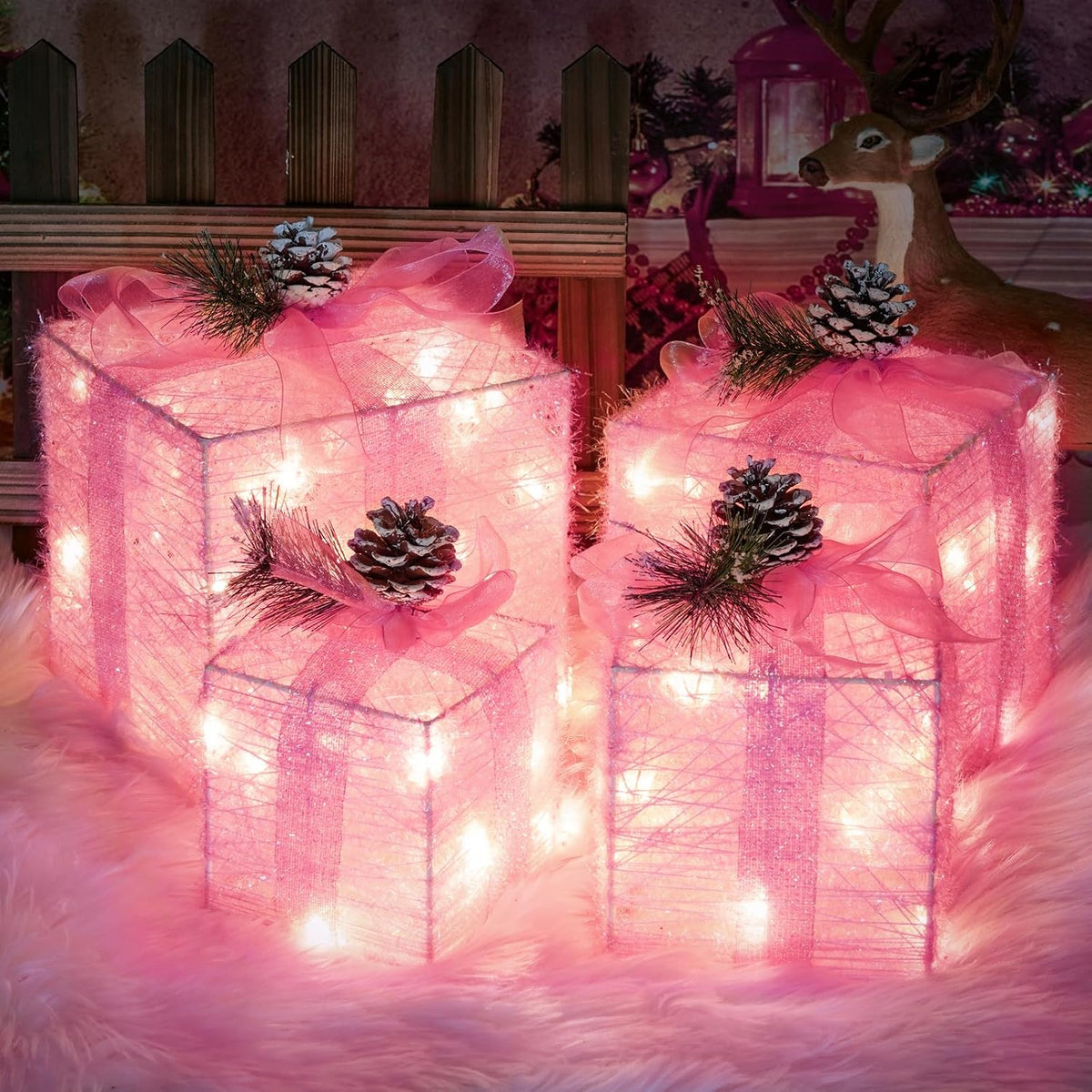 Juego de 4 cajas de regalo iluminadas de Navidad, decoración navide...
