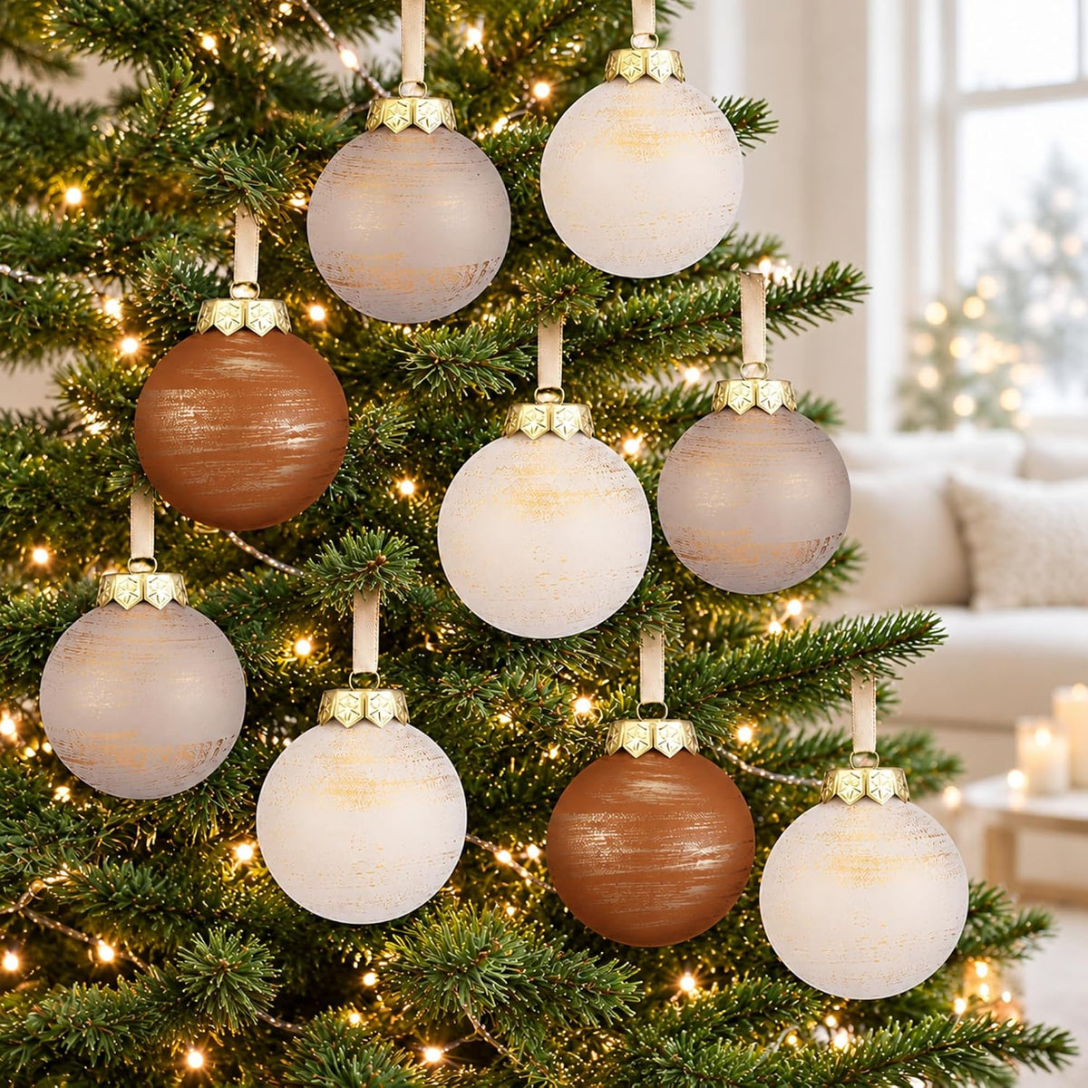 Yunlly - 12 adornos de Navidad neutros 2026, color beige marfil car...