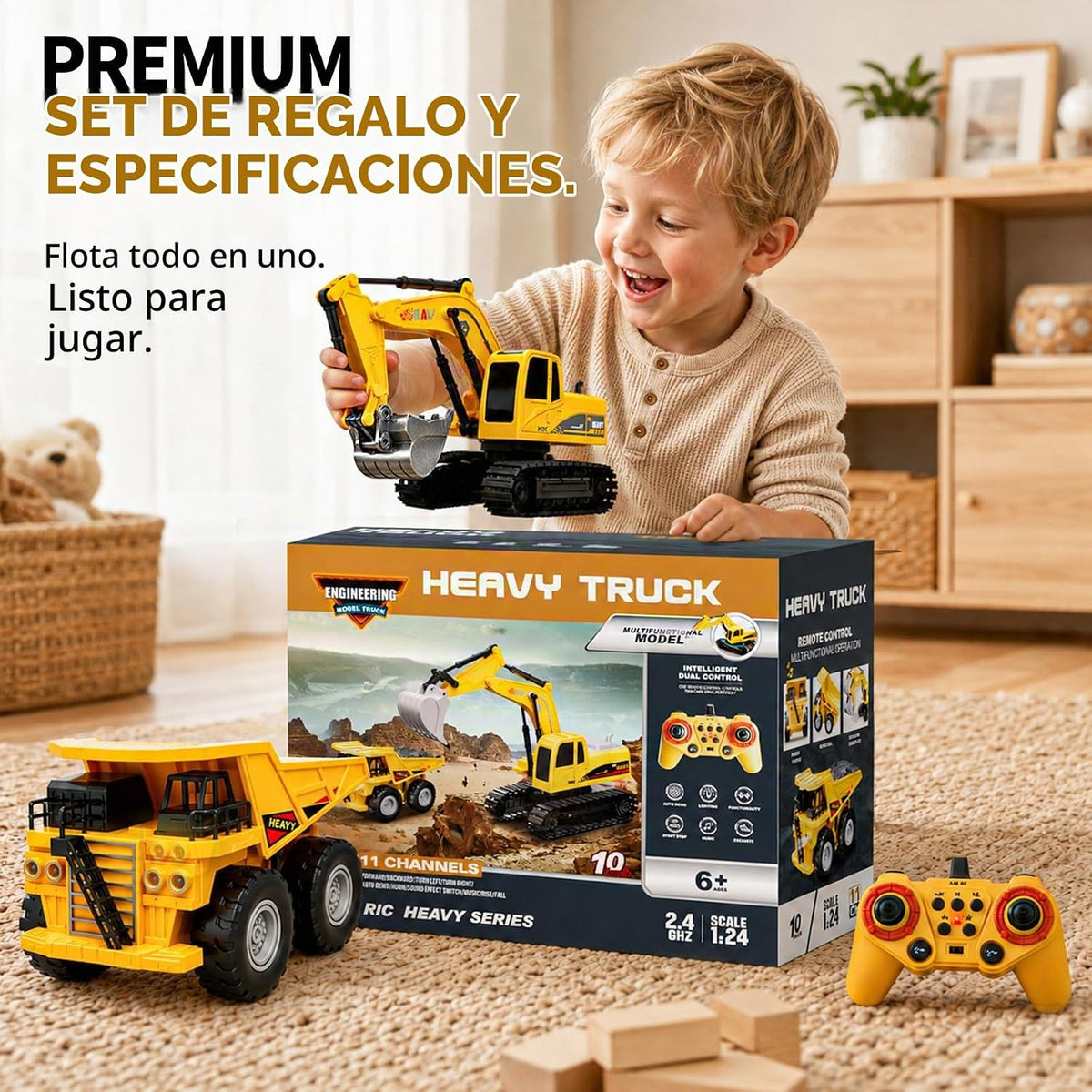 TOPMVP Juego de excavadora y camión volquete RC 2 en 1 con luces y...