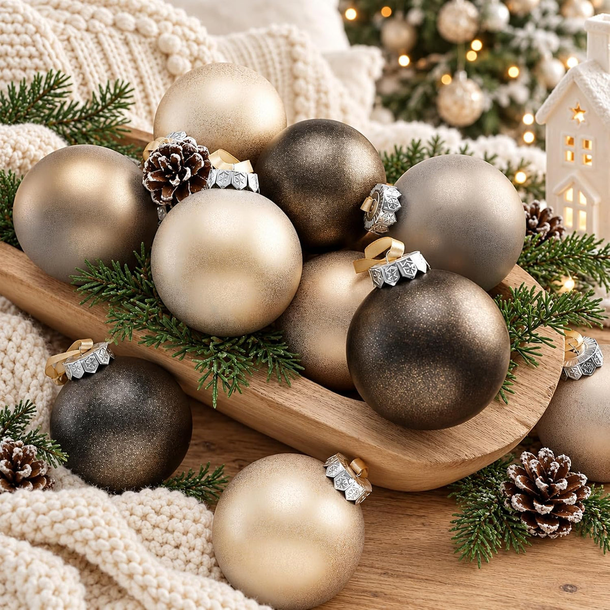 Yunlly - 12 adornos de Navidad neutros 2026, bronce champán dorado...