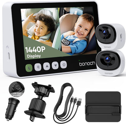 bonoch Cámara de coche de bebé de 5 "1440P para 2 niños, vista...