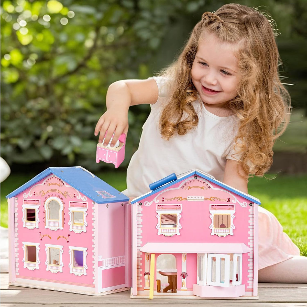 Exquisita casa de muñecas de madera rosa para niñas con muñecas y m...
