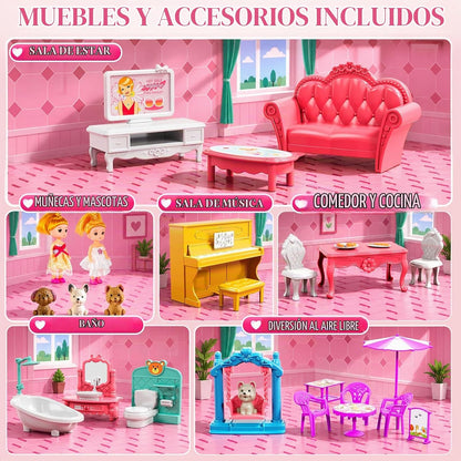 Casa rosa de 4 pisos para niñas de 3 años en adelante, juego de vil...