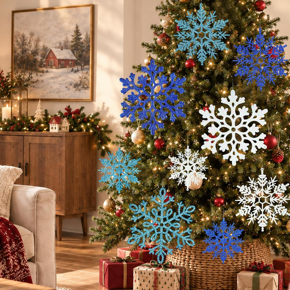 12 adornos de Navidad de copos de nieve azules, copos de nieve colg...