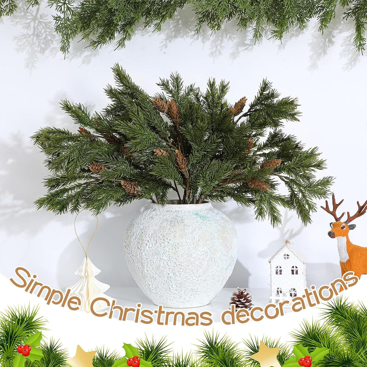 Wavwavw 12 tallos de pino de cedro artificial de Navidad, 25.5 pulg...