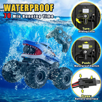 BOBXIN Anfibio Control Remoto Coche Tiburón Monster Truck Chorro Ag...