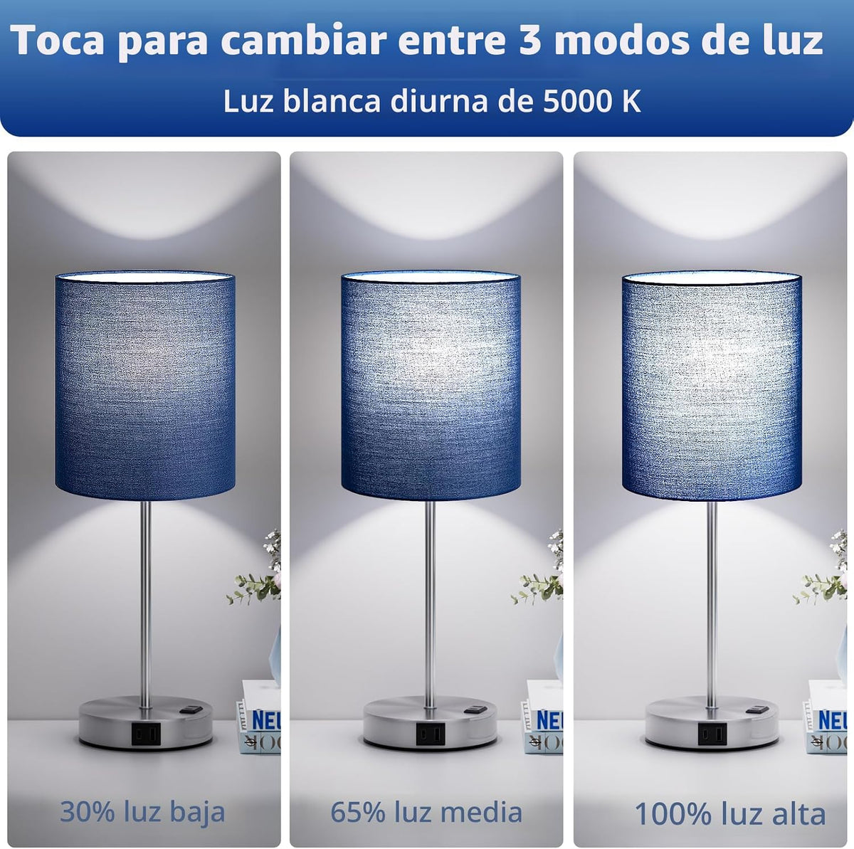 Fenmzee Juego de 2 lámparas táctiles para dormitorio, regulables, U...