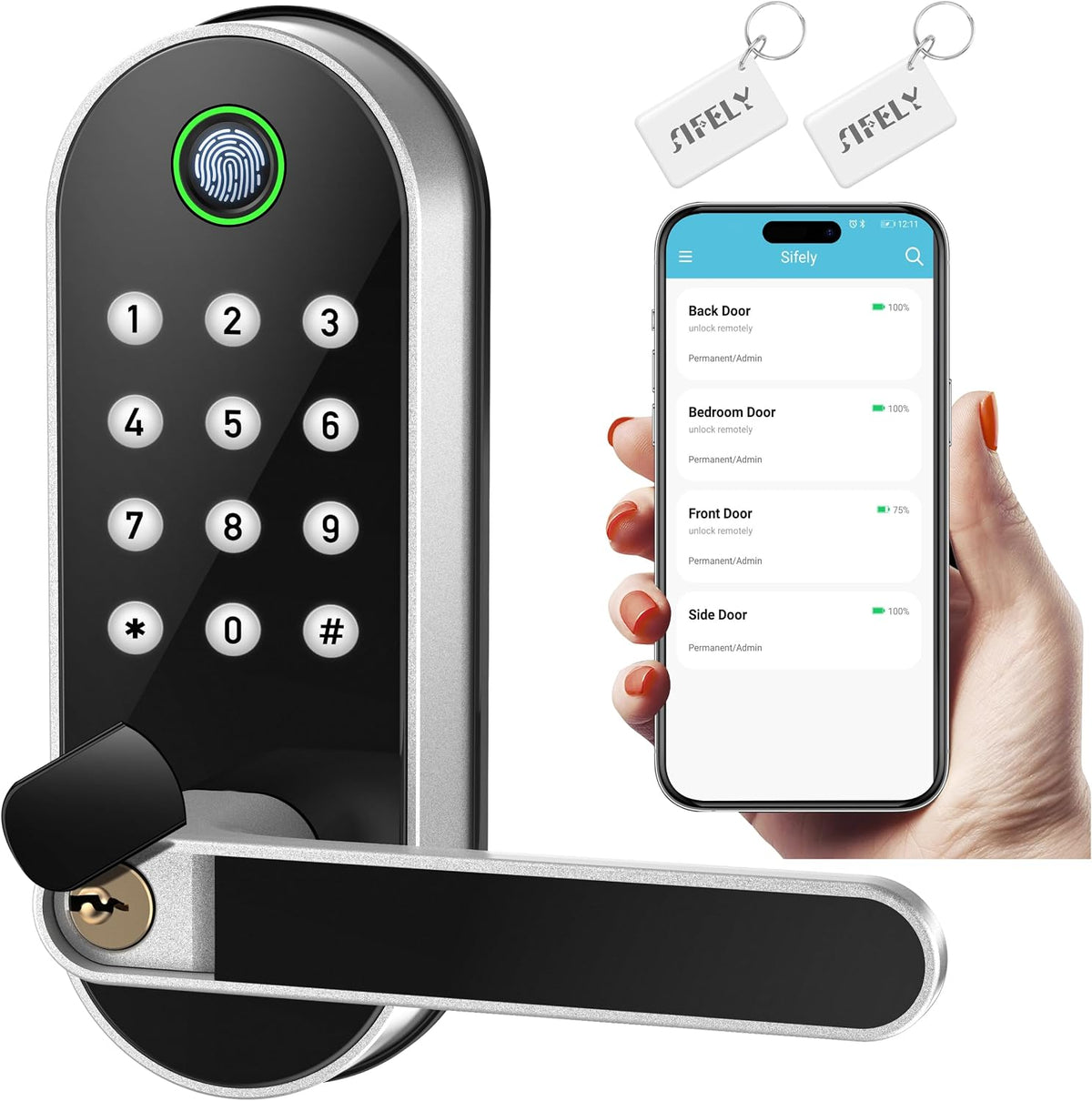 Cerradura de puerta inteligente con huella digital con asa y teclad...