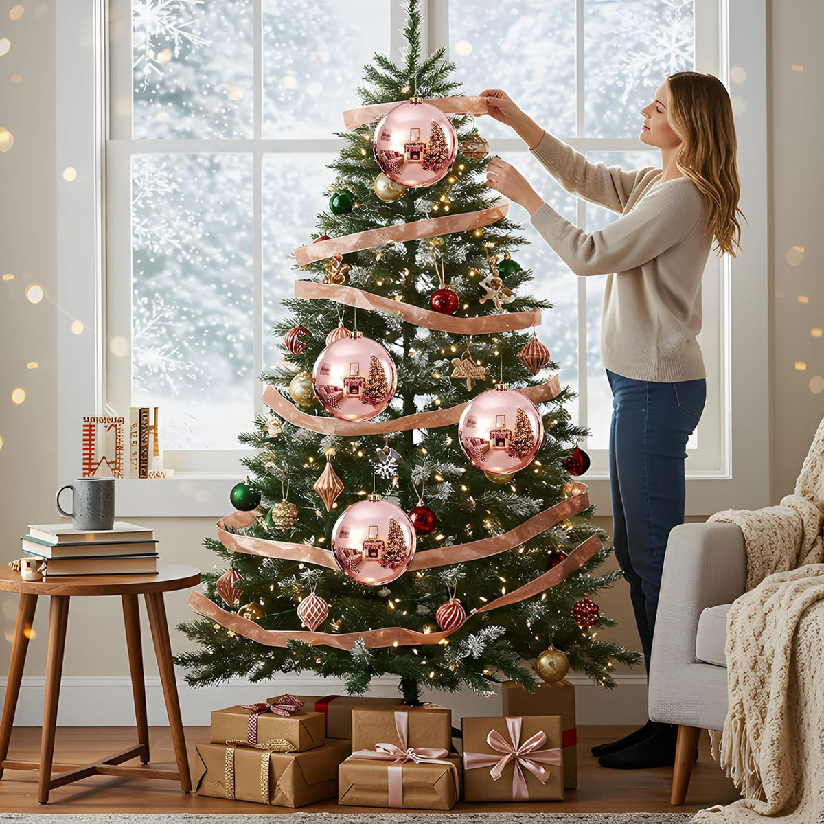 Zubebe - 4 bolas grandes de adornos de Navidad de oro rosa de 6 pul...