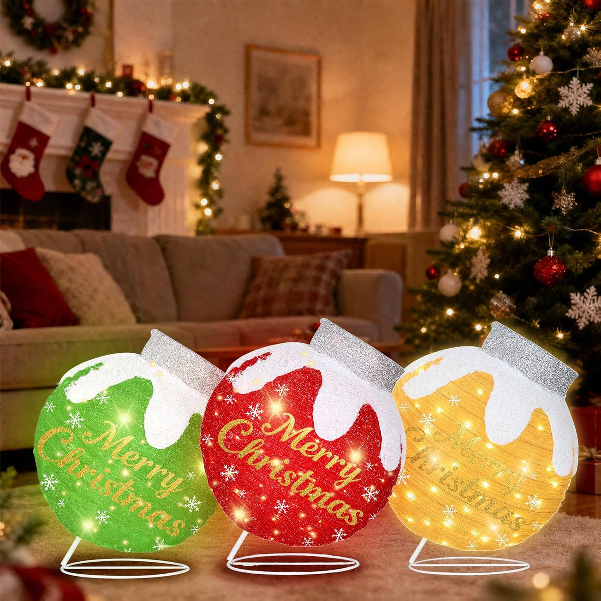 3 adornos navideños para exteriores, bola iluminada emergente con a...