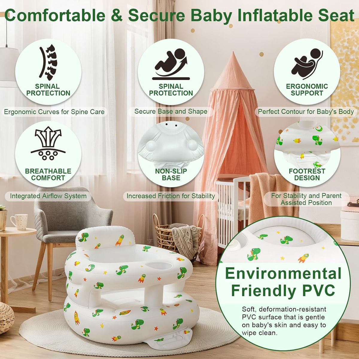 Asiento de bebé inflable con bomba incorporada y soporte de espalda...