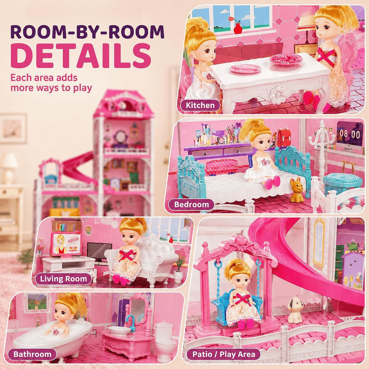 KIZONLY Casa rosa de 4 pisos para niñas de 3 años en adelante, casa...