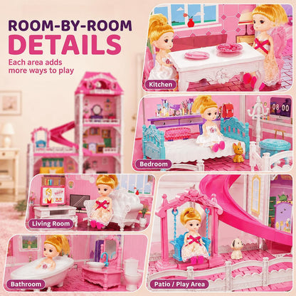 KIZONLY Casa rosa de 4 pisos para niñas de 3 años en adelante, casa...