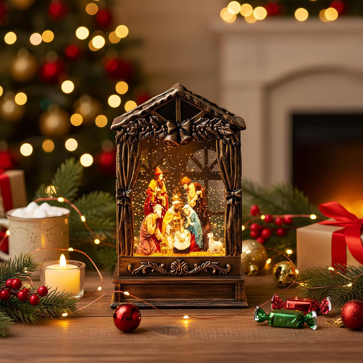 Nativity - Globo de nieve, linterna de Navidad iluminada musical co...
