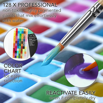 CHROMATEK Juego de pintura de acuarela \u2013 128 colores vibrantes...