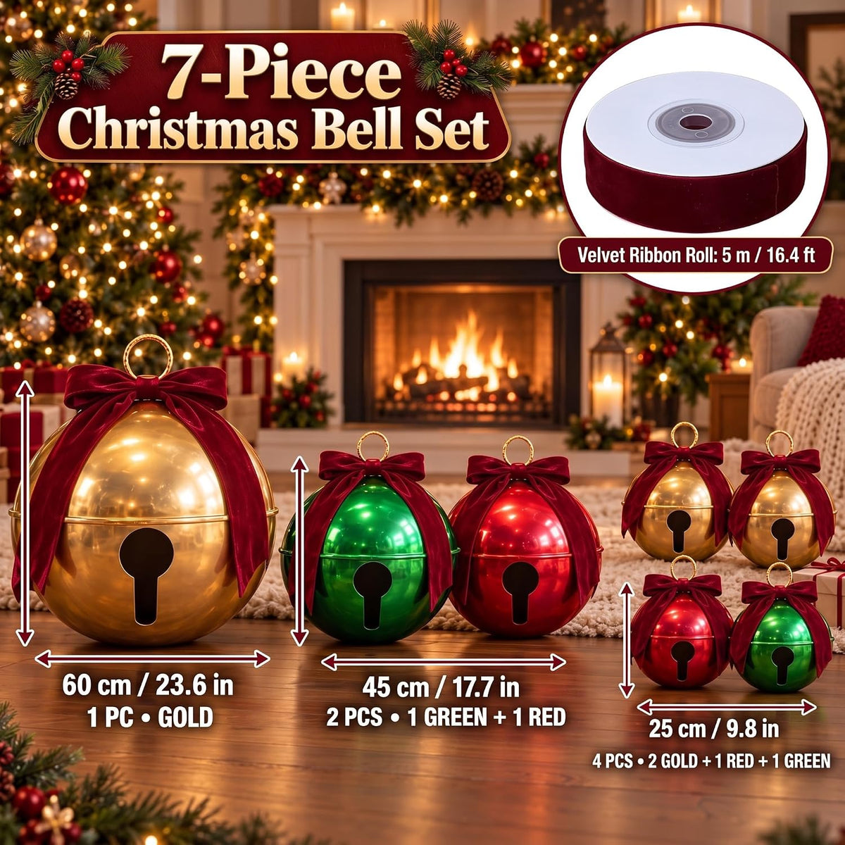 7 bolas inflables de Navidad con lazos de terciopelo, cascabeles gi...