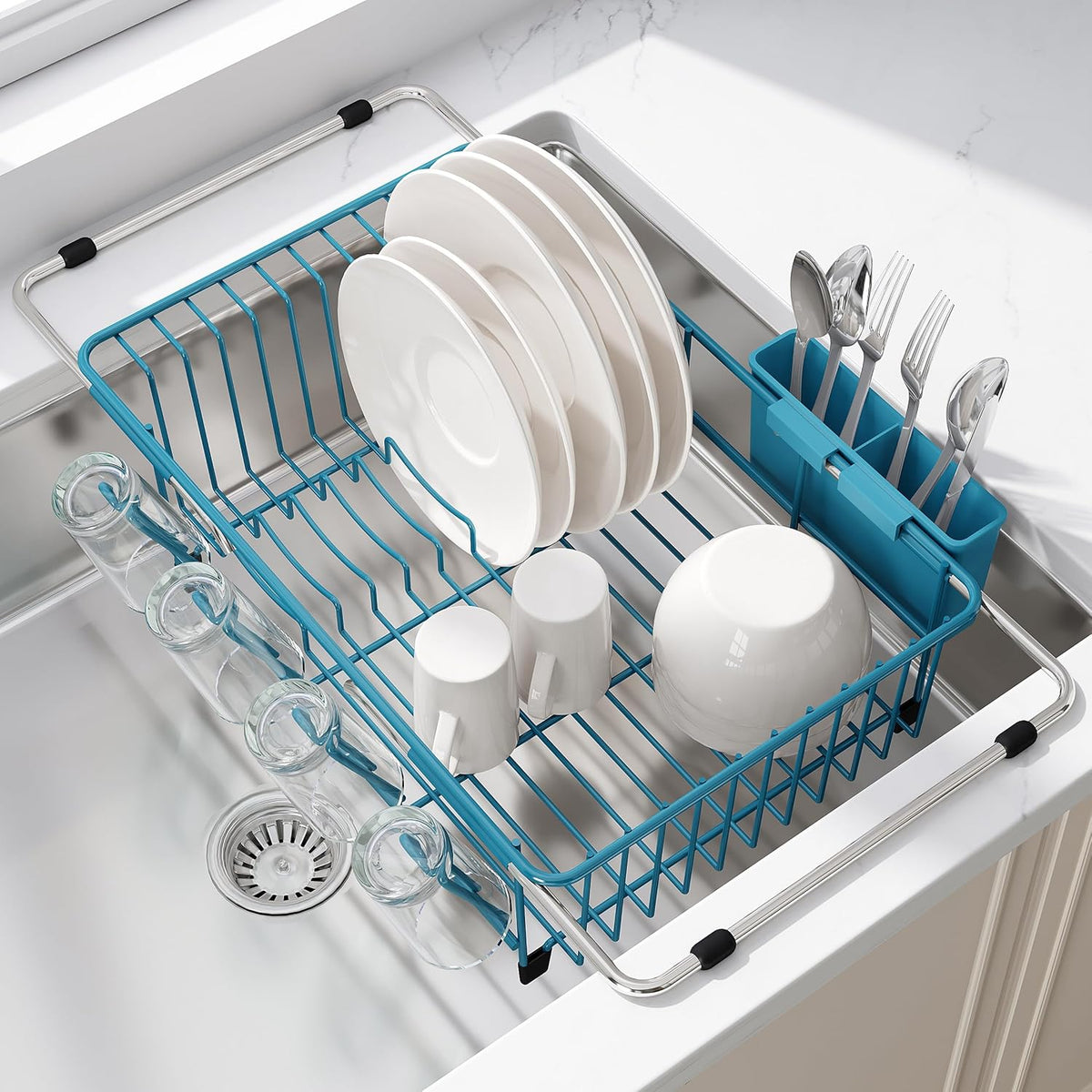 JASIWAY Escurridor de platos azul en fregadero, escurridor de plato...