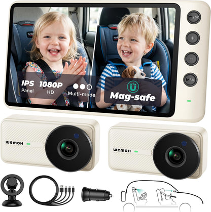 WEMOH Cámara magnética doble para coche para 2 bebés con monitor IP...