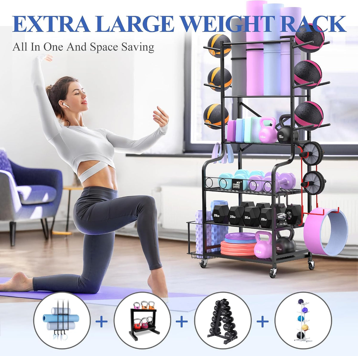 Mythinglogic Estante de gimnasio en casa para mancuernas, esterilla...