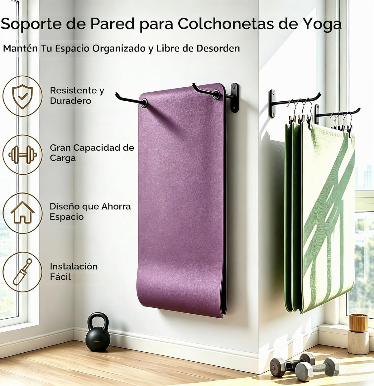 Soporte de pared para esterilla de yoga, estante de almacenamiento...