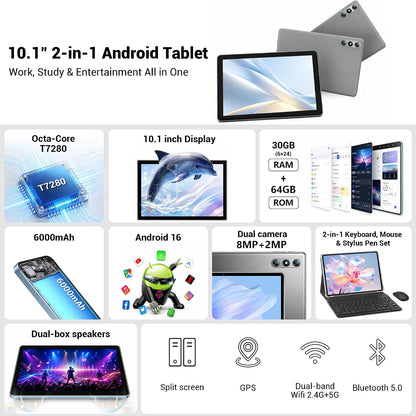 NextCheer Tablet Android 16 de 10.1" con teclado, 30 GB de RAM...