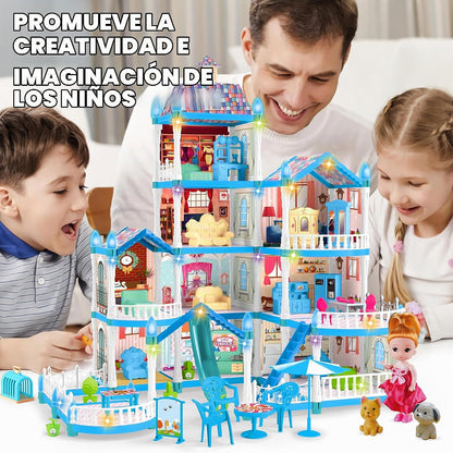 Seifar Casa de muñecas para niñas, 10 habitaciones, casa azul de ju...