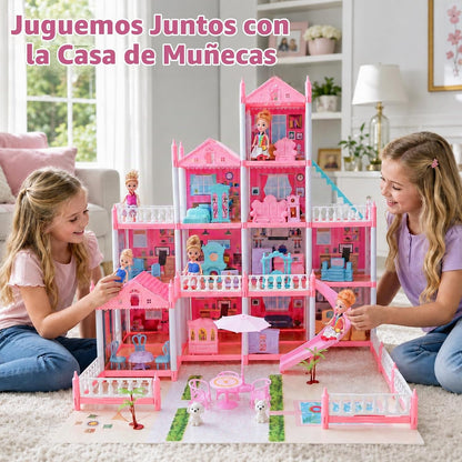 Casa de muñecas Dream para niñas, alfombrilla, luces, tobogán, muñe...