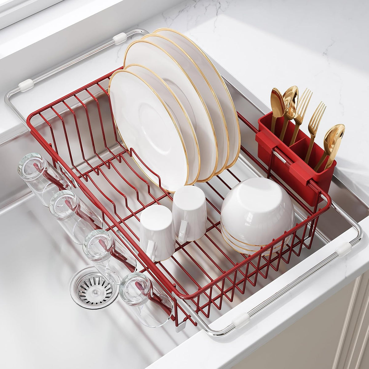 JASIWAY - Escurridor de platos rojo en el fregadero, escurridor de...
