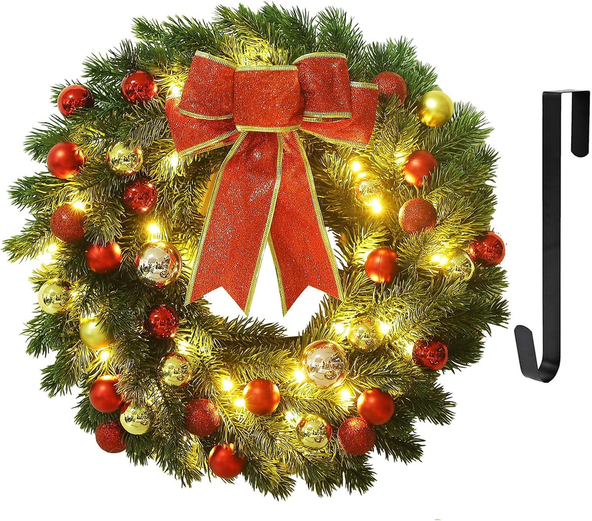 Juegoal - Corona de Navidad preiluminada de 16 pulgadas con colgado...