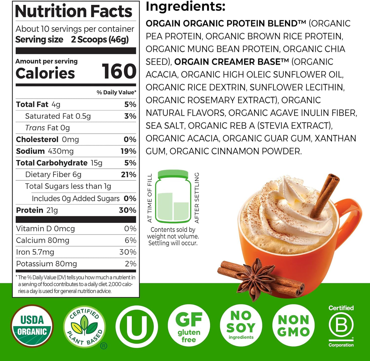 Orgain Proteína en polvo vegana orgánica de 0.74 oz, especias de ca...