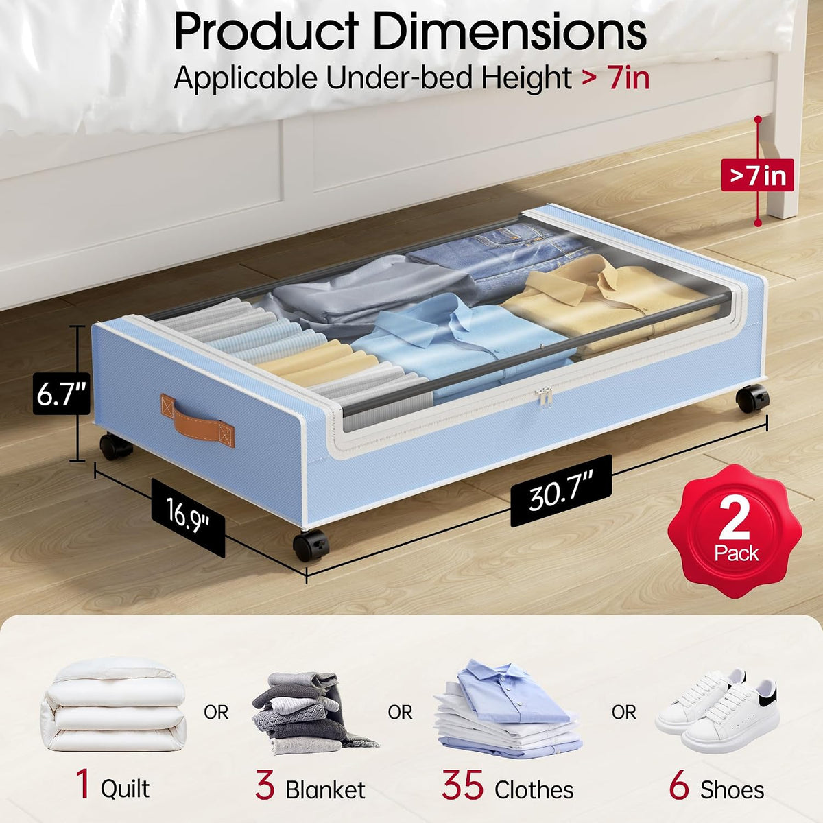 Yecaye Almacenamiento debajo de la cama con ruedas, paquete de 2 co...