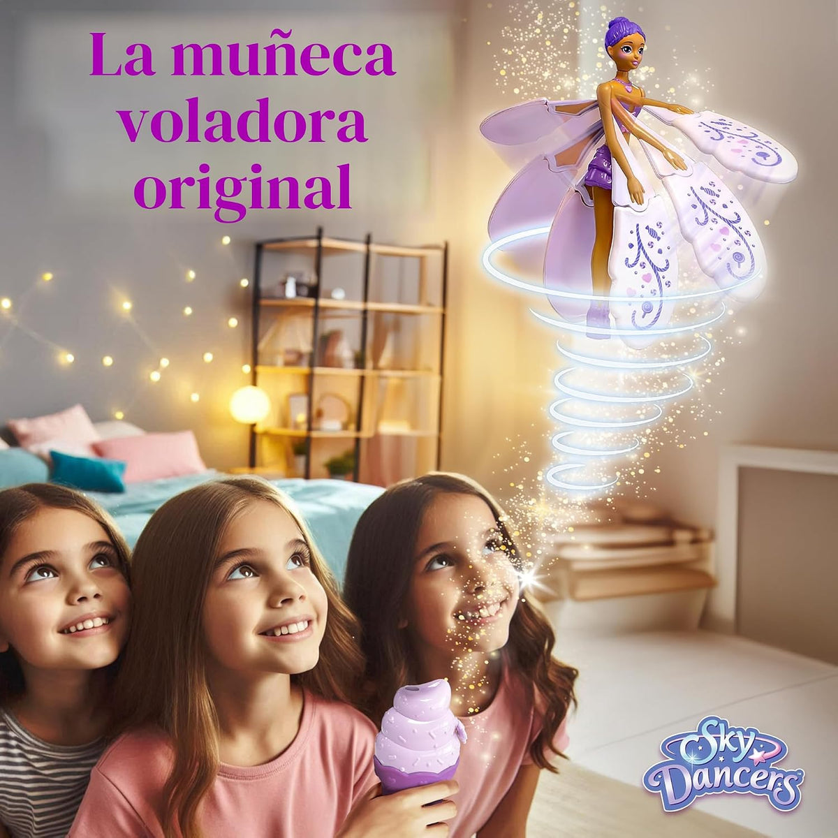 Sky Dancers Muñeca voladora, juguete de tirar, sin baterías, morado...