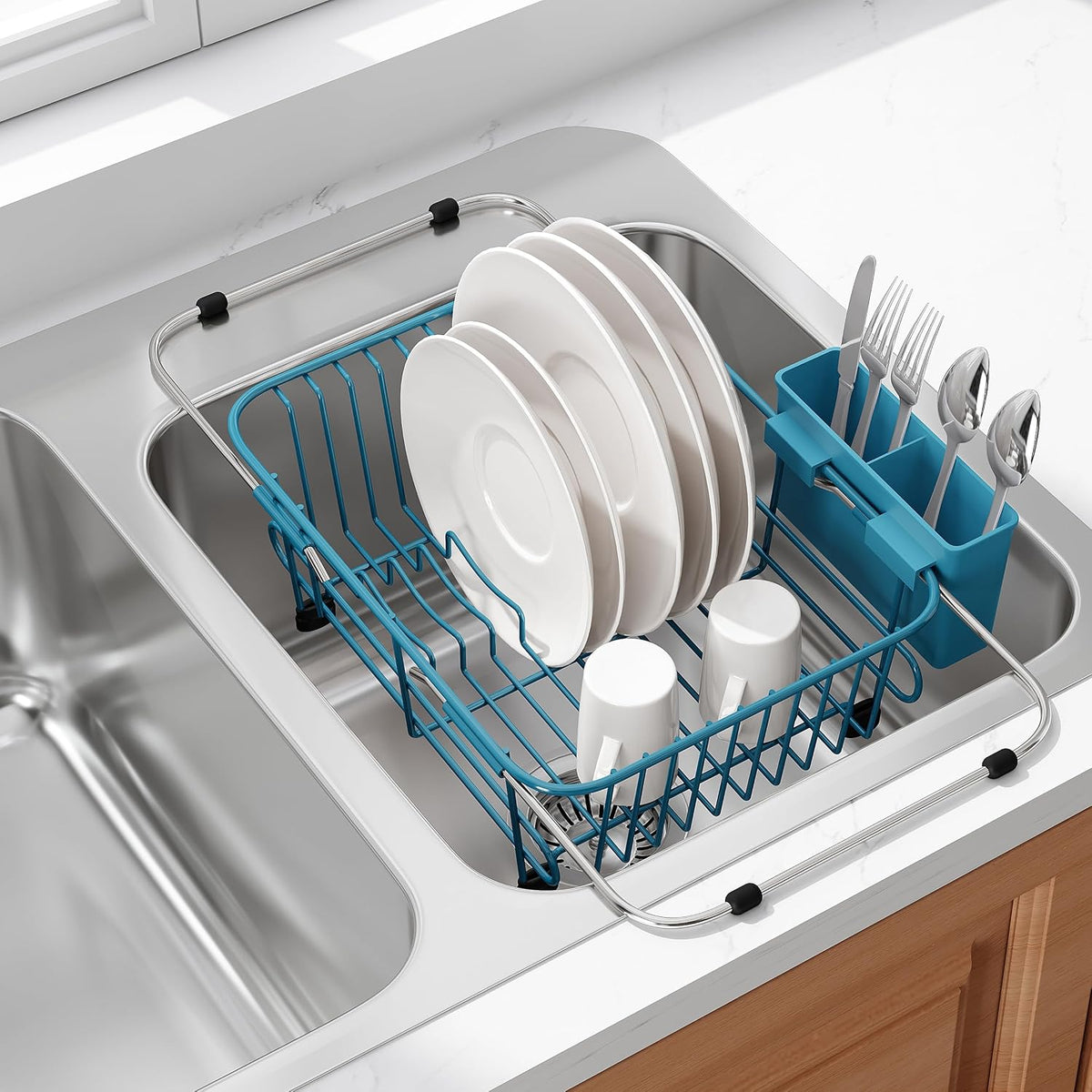 JASIWAY Escurridor de platos azul en fregadero con soporte para ute...