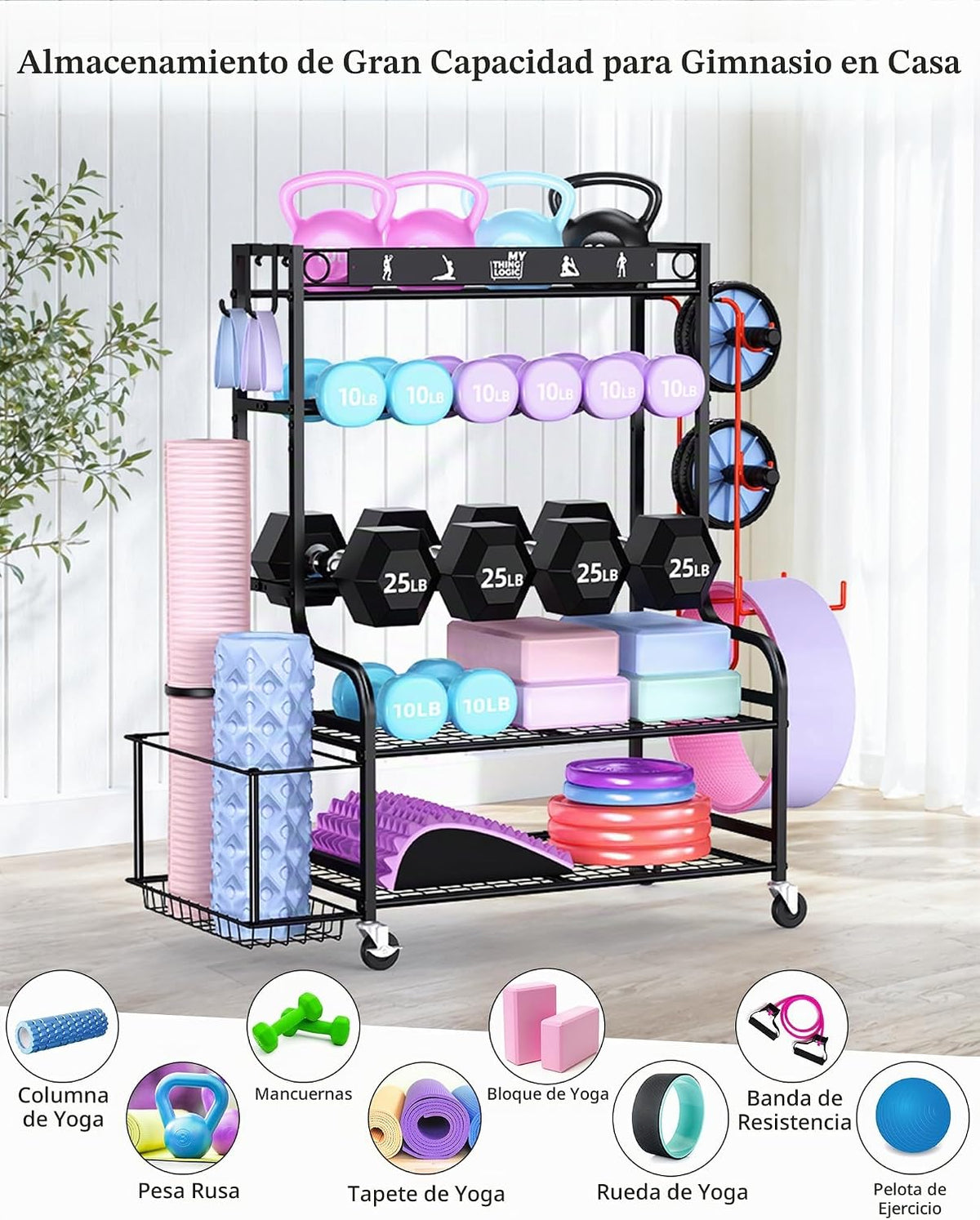 Mythinglogic Estante de gimnasio en casa para mancuernas, esterilla...