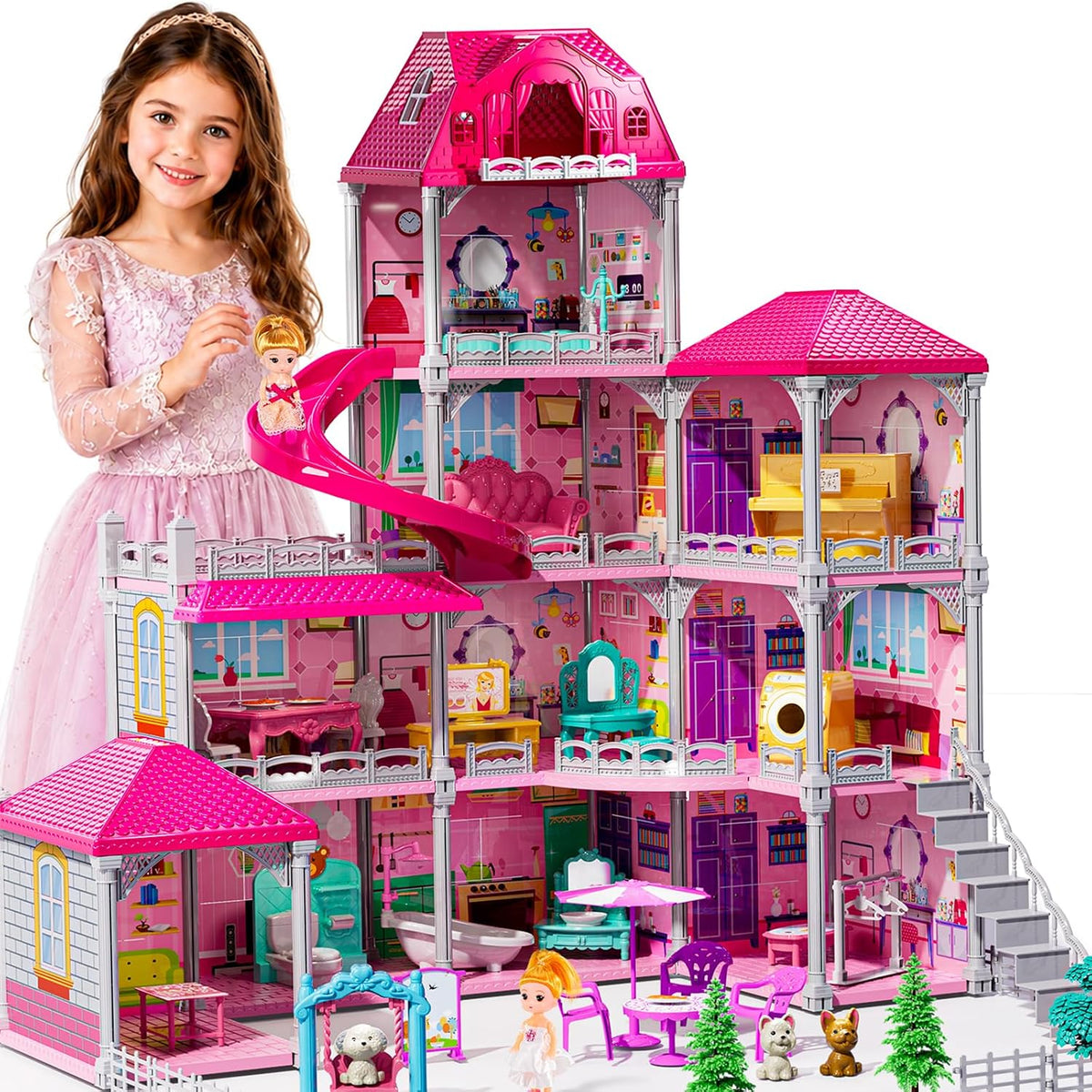 JUKUDAHU Villa Playset para niñas de 3 a 7 años, casa de 4 plantas,...