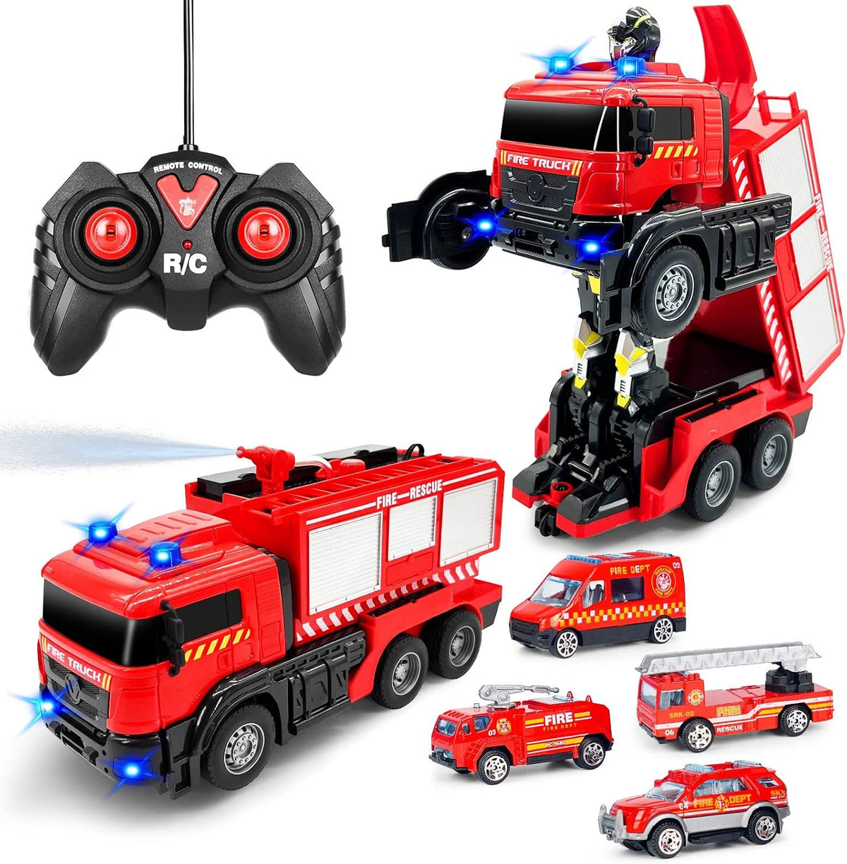 Grarain Camión de bomberos a control remoto con sonidos LED, juguet...