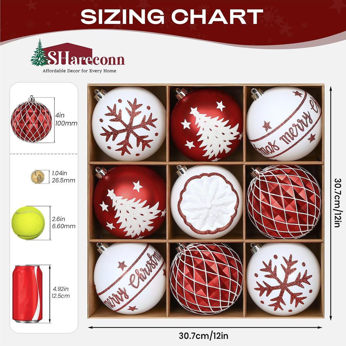 SHareconn - 9 bolas de Navidad grandes de 100mm, color rojo y blanc...