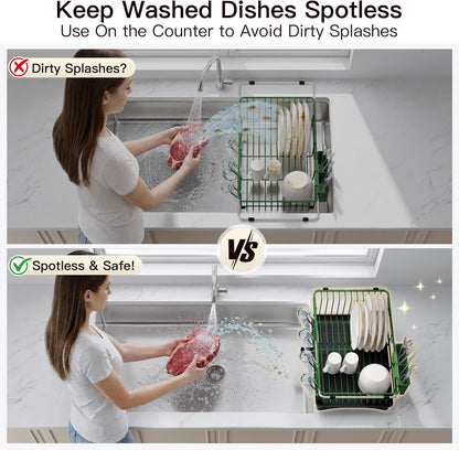 JASIWAY Escurridor de platos verde en fregadero con escurridor y so...